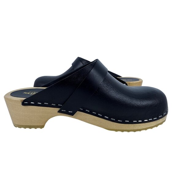 Swedish Hasbeens Women's Husband Black Leather Wooden Sole Clogs SZ EU 36 , US 6 - Picture 6 of 14